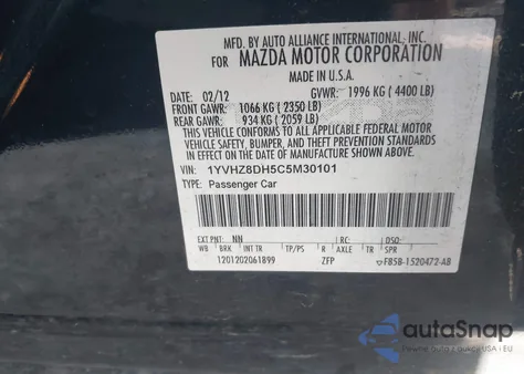 2012 Mazda Mazda6 I Touring z USA, uszkodzony, nr VIN 1YVHZ8DH5C5M30101